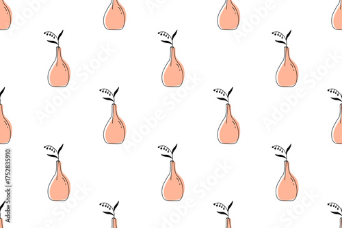 Seamless natural pattern with flowers and vases on  white background. Doodle elements, line art. Coral color for vase and  black flower. For wallpaper, textiles, packaging, websites or backgrounds.