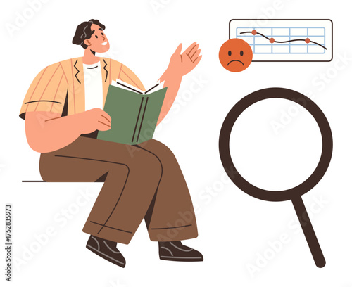 Man seated holding an open book, gesturing at a declining graph and orange sad face. Magnifying glass symbolizes focus and analysis. Ideal for research, data analysis, problem-solving themes. Simple