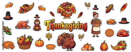 Thanksgiving illustration with traditional turkey, pumpkins, and festive decorations featuring a harvested cornucopia. Thanksgiving elements include autumn leaves, pies,
