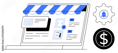 Online shopping page with storefront awning, cart, notifications, pricing, and settings gear. Ideal for e-commerce, online retail, web shop setup, digital marketing user experience monetization