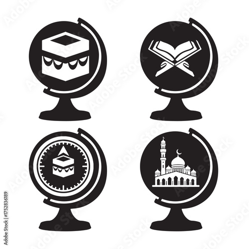 Islamic Globe Vector Set – Kaaba, Quran, Mosque, and Religious Icons in Global Concept

