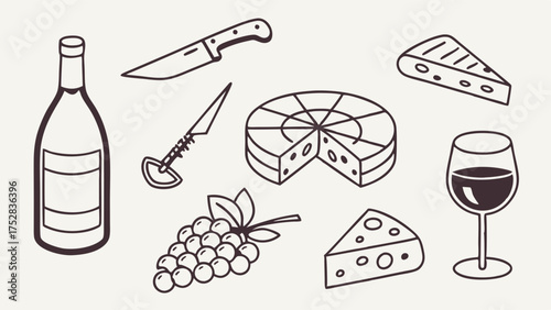 Wine Bottle Glass Grapes Cheese Line Art Icons for Elegant Food and Beverage Branding and Digital Marketing