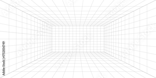 Room projection grid in futuristic 3d style. Outline futuristic grid background, room projection. Wireframe grid template in perspective view