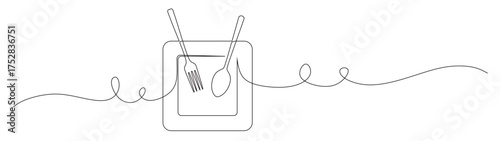 Continuous line art of a dishware set in the form of a square plate, spoon, and fork. This icon is for a sticker or banner of a restaurant. Vector illustration