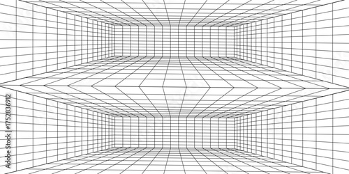 Wireframe grid room. 3d perspective background. Futuristic digital outline space. Black and white geometric design. Vector template illustration. Angle point of view.