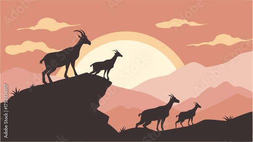 Mountain Goats Silhouettes on Rocky Peak at Sunset Inspiring Journey Leadership Overcoming Challenges Nature Vector Art