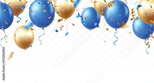 Blue and gold balloons, with party confetti ribbon, for happy Birthday celebration card banner