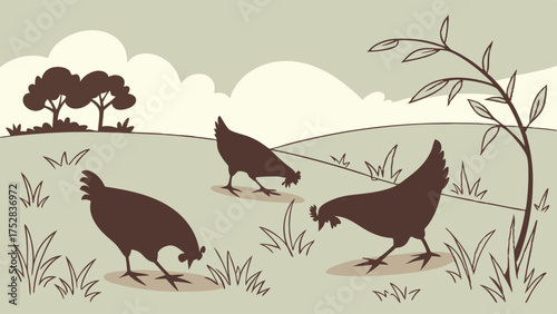 Farm Chickens Foraging in Rural Field. Natural Organic Poultry for Sustainable Agriculture, Healthy Food and Environment