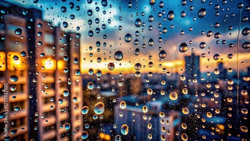 Urban Sunset Viewed Through Rain-Streaked Glass, a Colorful Symphony of Water Droplets and City Lights