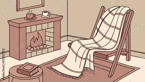Warm and Cozy Living Room Interior with Lit Fireplace, Comfortable Chair, Blanket, and Book for Relaxing Winter Evening