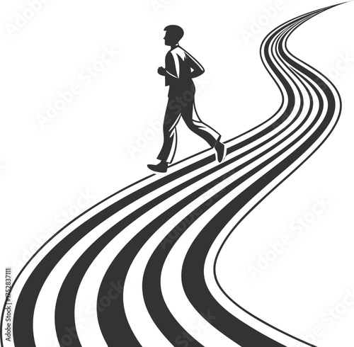Silhouette of a person walking on a winding abstract path towards the future isolated on transparent background