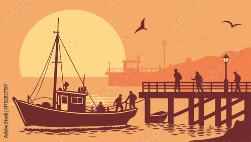 Hardworking Fishermen on Boat and Pier at Golden Sunset in Tranquil Coastal Harbor