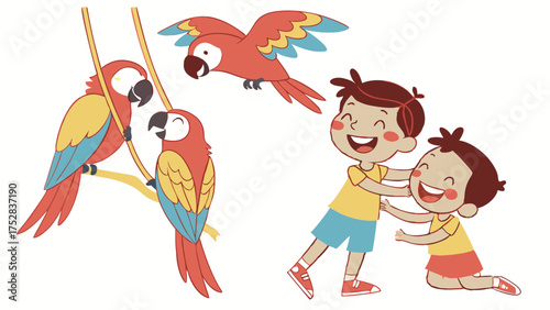 Happy Children Playing with Colorful Macaw Parrots Illustration for Kids Education