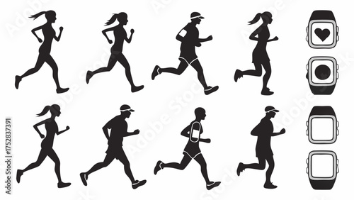Running People Silhouettes with Smartwatch Icons. Fitness Jogging Athletes for Health Tracking, Active Lifestyle, and Sports Marketing Design.