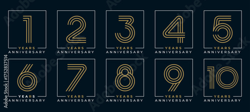 Set of vector logo designs for 1st to 10th anniversary, in gold color for celebrations, weddings and birthday