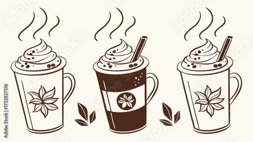 Hot Coffee Mugs with Whipped Cream and Autumn Spices Hand-Drawn Illustration. Cozy Seasonal Drinks for Cafe Menus and Winter Holiday Promotions.