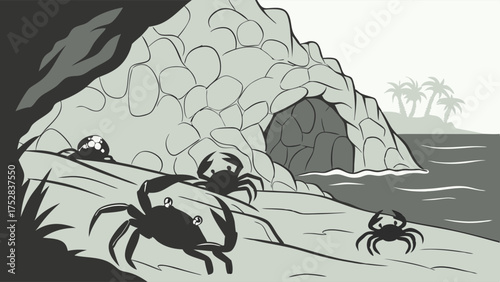 Crabs Scuttling on Secluded Tropical Beach Shoreline Near Rocky Cave Entrance with Ocean and Palm Trees in Monochromatic Illustration