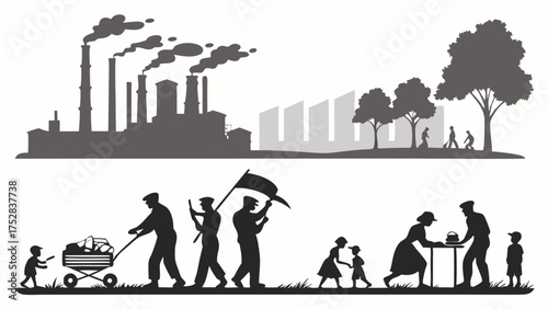 Industrial Cityscape and Green Park with Workers and Families Silhouettes for Social Environmental Progress