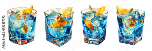 Watercolor set of blue shots. Alcoholic cocktails in a glass with pieces of fruit. Blue alcoholic shots. Bar and cocktail elements. Vector illustration.