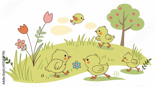 Joyful Baby Chicks Playing in Green Spring Meadow with Flowers and Tree. Cute Easter Illustration for Kids Books, Education, and Family Marketing.