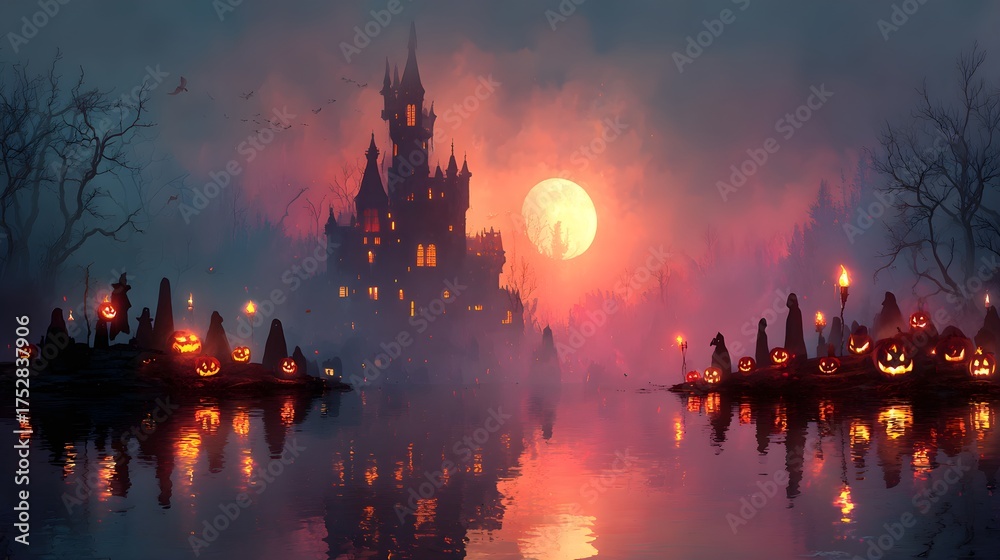 Naklejka premium Horror night party flyer with haunted castle silhouette, full moon, ghosts, and jack-o-lanterns glowing in the mist