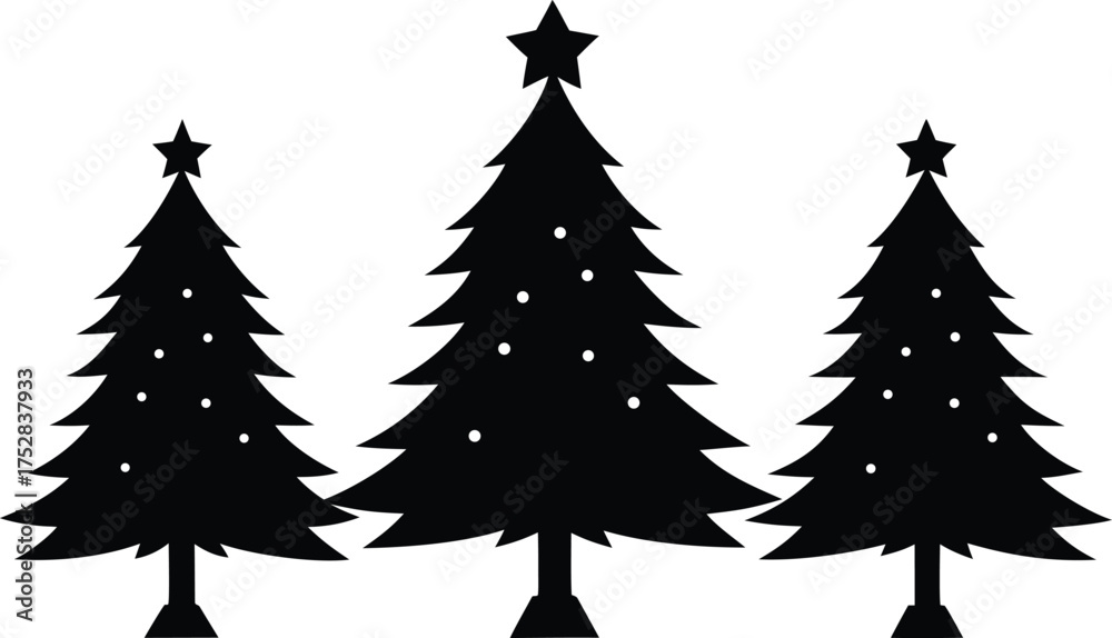 Obraz premium 3 black silhouettes of a Christmas trees, isolated on a white background. High contrast, simple, vector style 