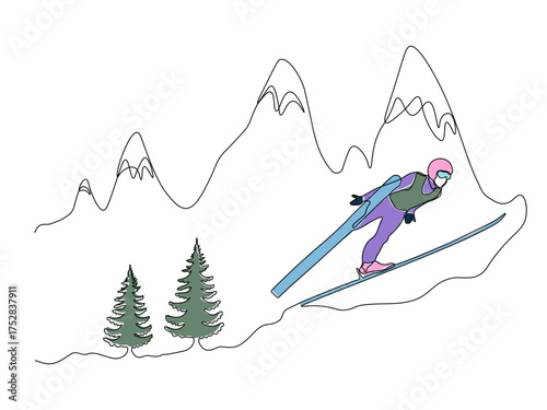 Abstract athlete skier on skis jumps off a ski jump from the mountain on white background. continuous single one line art hand drawing sketch logo