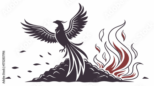 Powerful Phoenix Rising from Fiery Ashes. Igniting Business Rebirth, Resilience, Success, Growth, New Beginnings, Recovery, Transformation.