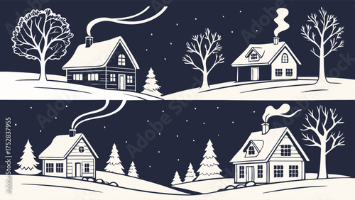 Cozy Winter Night Village Houses Illustration with Snow and Trees. Ideal for Christmas Holiday Marketing, Seasonal Greeting Cards, and Festive Web Design.