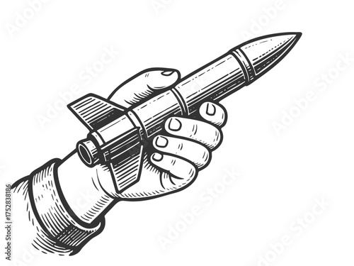 child hand holding a small toy missile rocket sketch engraving generative ai fictional character vector illustration. Scratch board imitation. Black and white image.