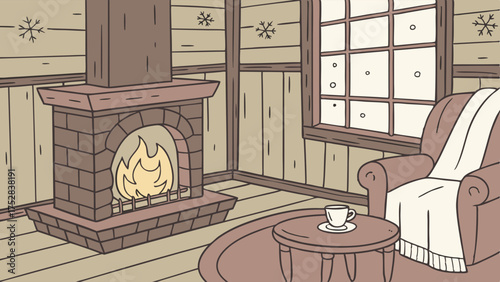 Cozy Winter Cabin Interior Illustration with Warm Fireplace and Armchair for Relaxation Hygge Lifestyle and Seasonal Marketing