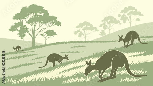 Wild Kangaroos Grazing in Serene Australian Landscape Illustration for Travel Tourism Wildlife Conservation and Education