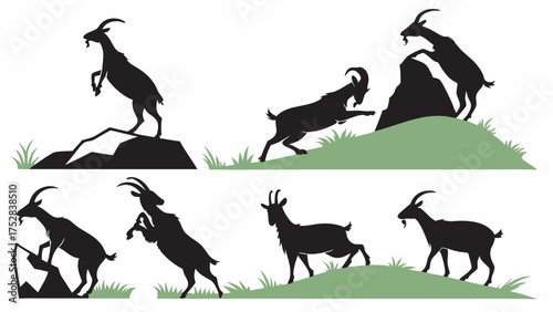 Agile Mountain Goats Silhouettes Climbing Rocks Hills Vector Set for Nature Wildlife Outdoor Adventure Design