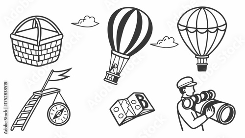 Hand Drawn Travel Adventure Doodle Set Hot Air Balloons Map Compass Binoculars Picnic Basket for Exploration Journey Planning