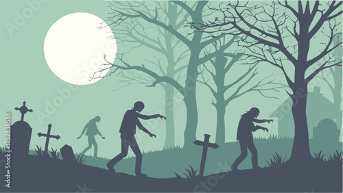 Eerie Halloween Night Scene with Undead Zombies Walking Through Misty Graveyard Under Full Moon and Bare Trees for Horror Marketing