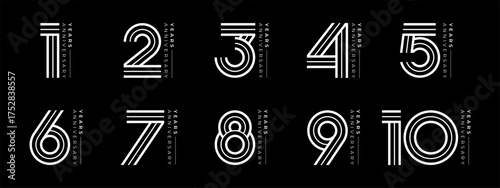 Set of vector logo designs for 1st to 10th anniversary, in white color for celebrations, weddings and birthday