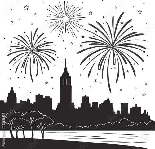 Festive fireworks display illuminates city skyline silhouette celebration event isolated on transparent background