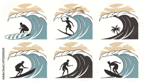 Dynamic Surfers Riding Powerful Ocean Waves Silhouettes. Summer Beach Sports, Travel, Adventure Lifestyle, and Graphic Design Elements for Web and Print.