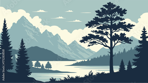 Minimalist Flat Design Mountain Lake Landscape Illustration Serene Nature Background for Web Design Travel Marketing Environmental Wellness Content