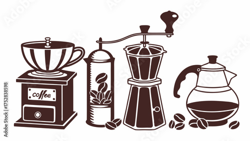 Hand Drawn Coffee Tools Illustration. Vintage Grinder, Moka Pot, Beans for Cafe Branding, Menu Design, Morning Routine, Web Content, Blog.