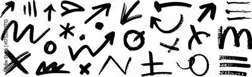 Collection of Hand-Drawn Black Arrows, Symbols, and Marks on White Background