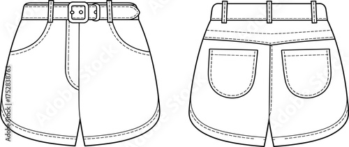 Fashion CAD drawing, belted shorts with patch pockets and yoke seam, front and back view, technical flat sketch, apparel design