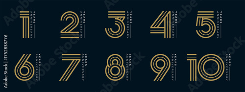 Set of vector logo designs for 1st to 10th anniversary, in gold color for celebrations, weddings and birthday