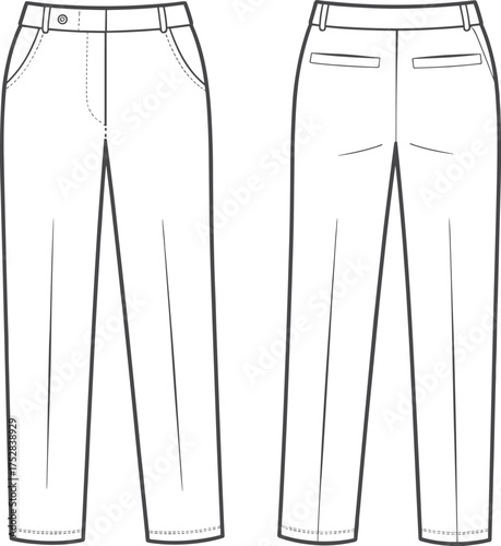 Fashion CAD drawing, tailored trousers with welt pockets and slanted side pockets, front and back view, technical flat sketch, apparel design