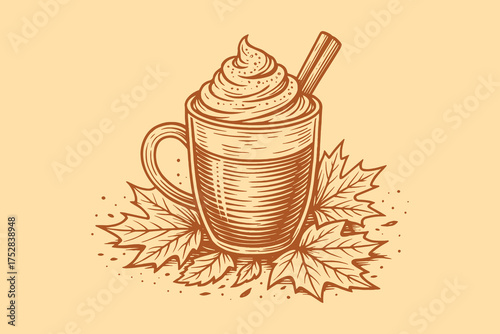 Pumpkin spice latte with maple leaves vintage vector illustration