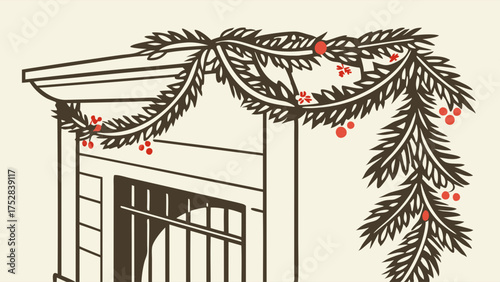 Traditional Festive Line Art Christmas Garland with Pine and Red Berries for Winter Holiday Marketing Web Design and Home Decor