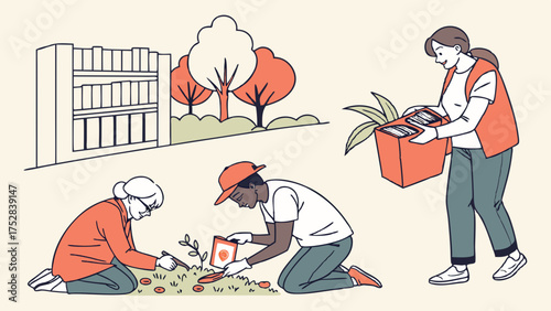 Diverse Community Volunteers Gardening and Donating Books for Local Library and Sustainable Neighborhood Initiatives