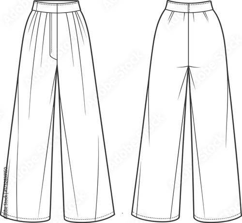 Fashion CAD drawing, wide leg pants with high waist and front pleats, loose silhouette, front and back view, technical flat sketch