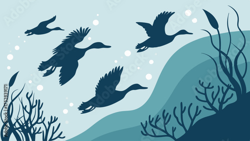 Flying Ducks Silhouette Vector. Wild Waterfowl Migration Over Water. Nature Landscape For Environmental Design, Winter Season, Tranquil Wildlife Journey.