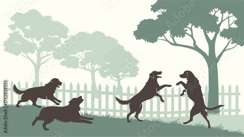 Happy Dogs Playing Energetically in an Outdoor Park. Joyful Canine Friends Running and Jumping for Pet Care, Animal Welfare, and Outdoor Lifestyle Marketing.